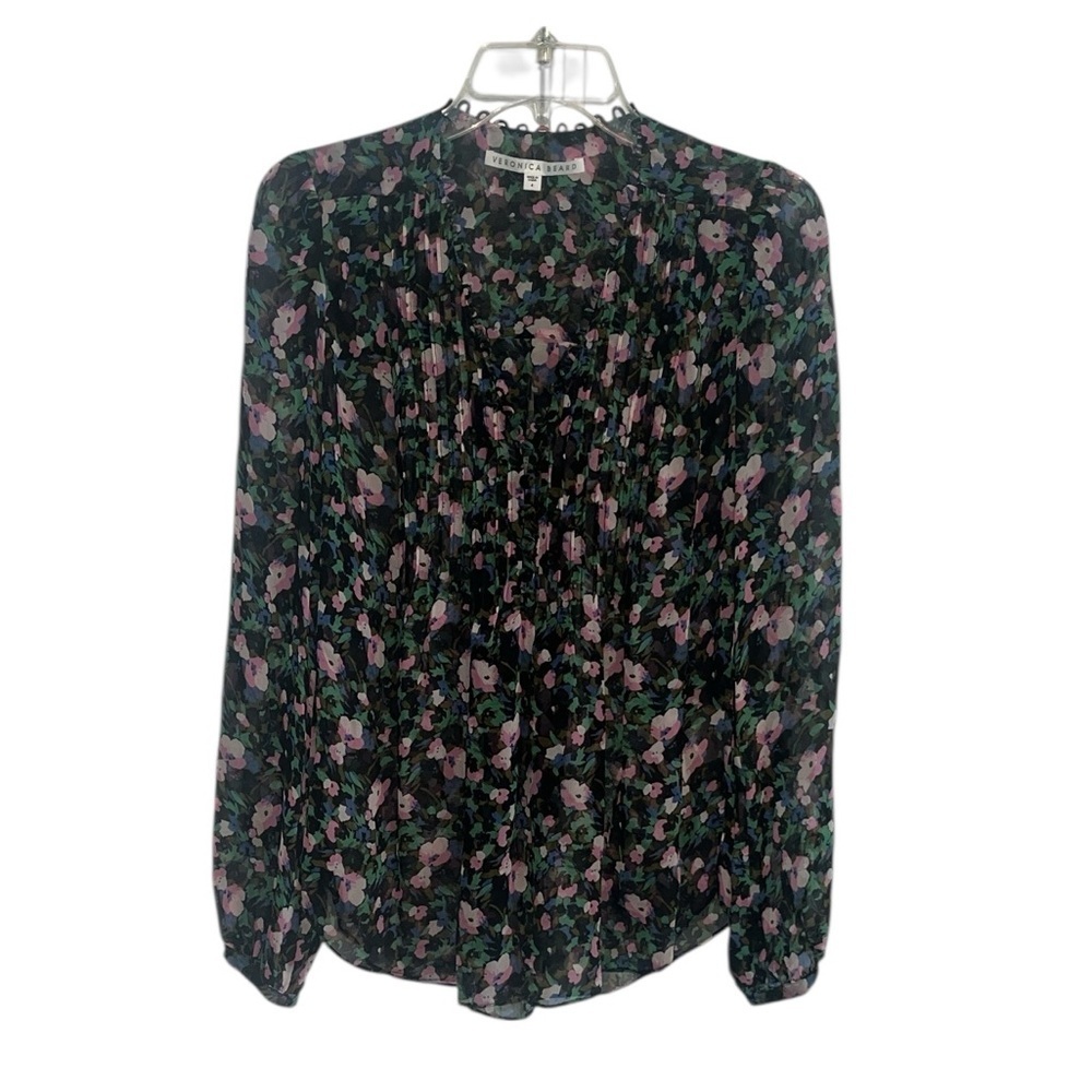 Veronica Beard Lowell Blouse- Floral Sheer 100% Silk Blouse - Black and Pink - Picture 3 of 10